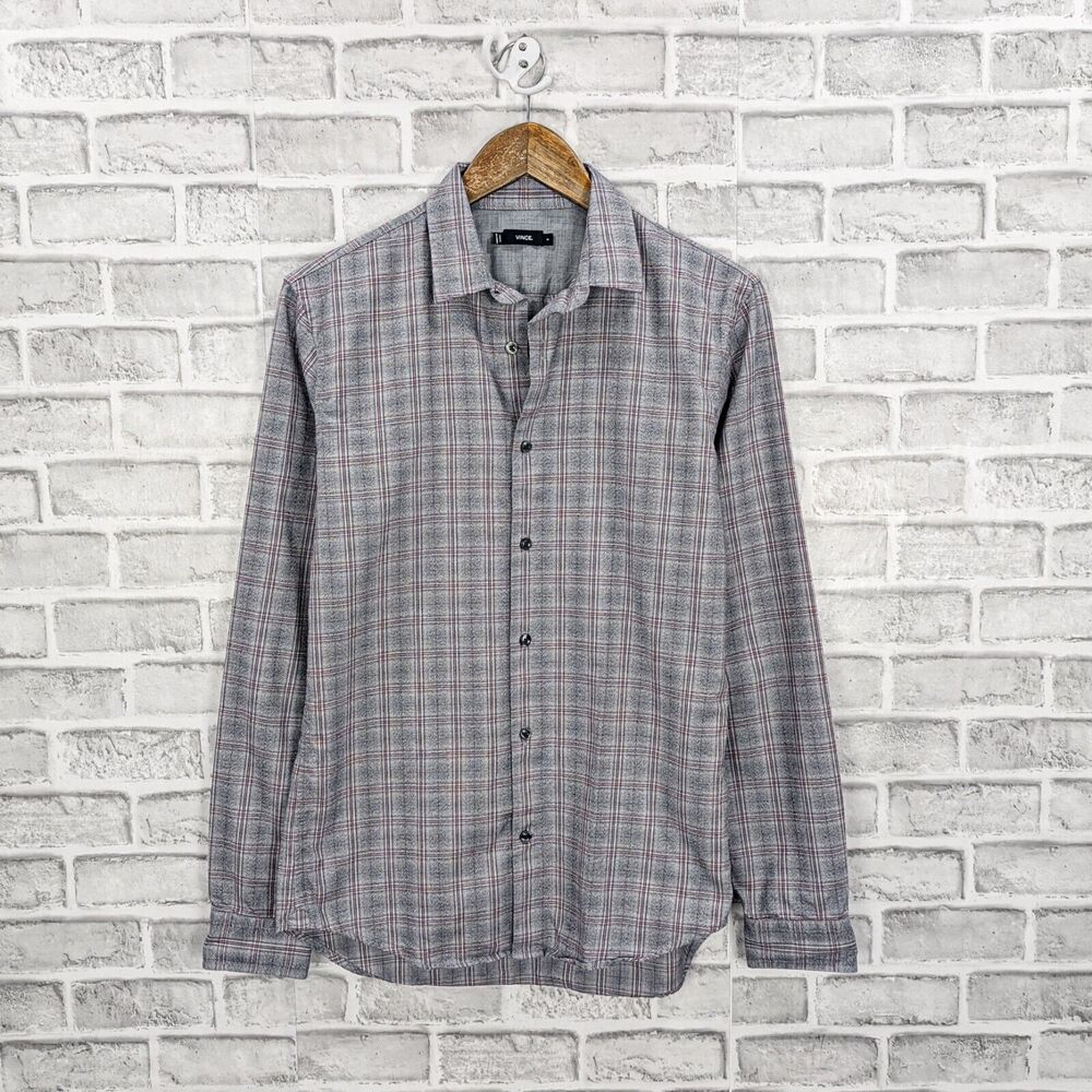 VINCE Men's Button up Flannel Shirt Heather gray Check size Small